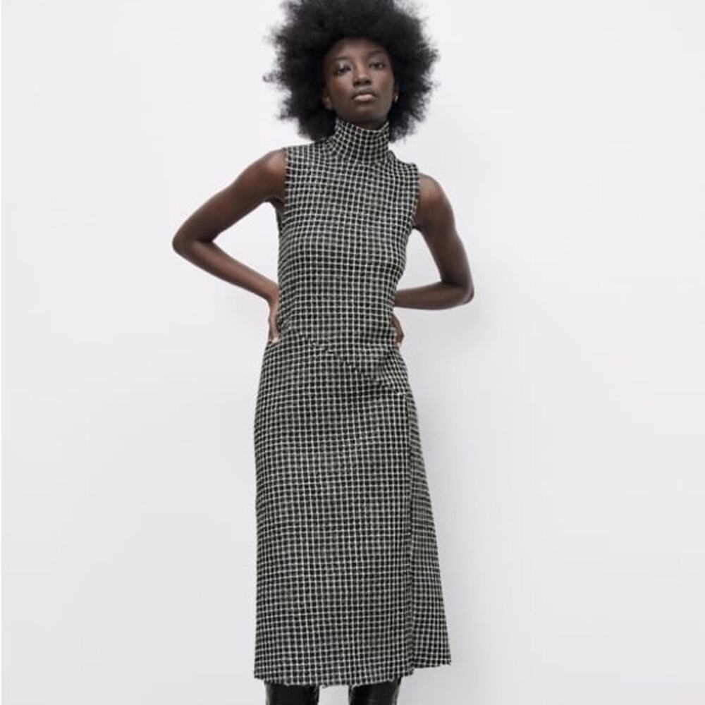 Zara Houndstooth Mock Neck Sleeveless Midi Dress Size M Medium Black Gray